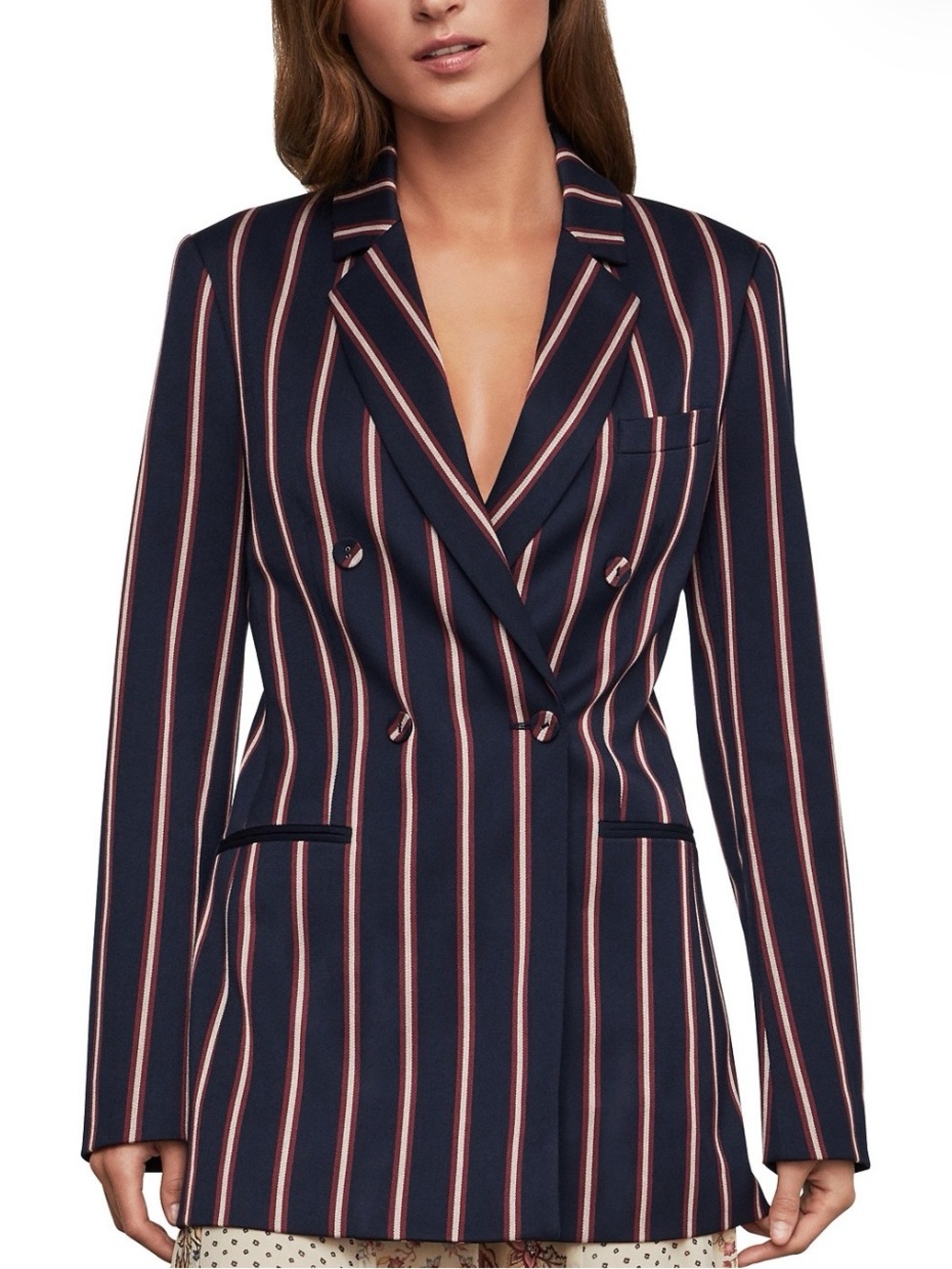 BCBGMAXAZRIA Navy Blue Striped Double-Breasted Blazer